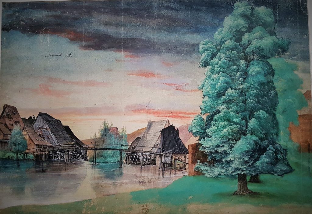 altes Aquarell mit einer Mühle