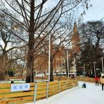 Eislaufbahn durch den Park mit Bäumen, Wiener Eistraum Rathausplatz