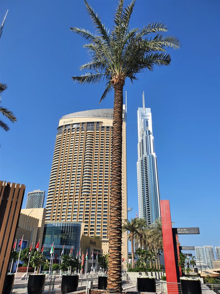 Burj Khalifa Dubai mit Palme davor