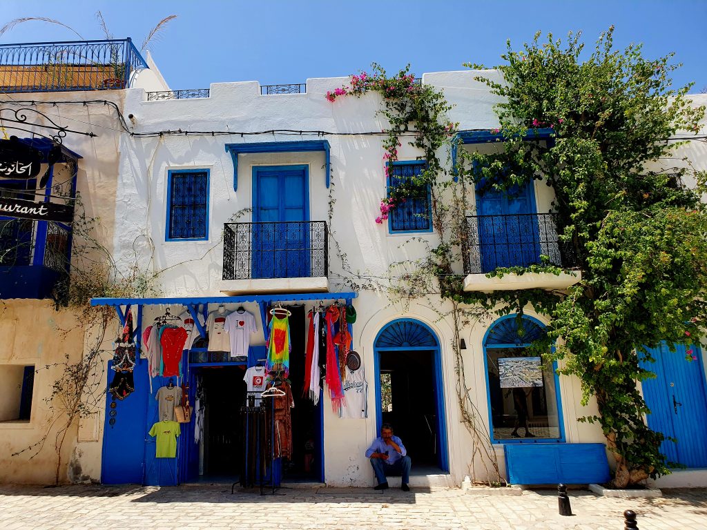 traditionelle weiß-blaue Häuser auf Djerba Island