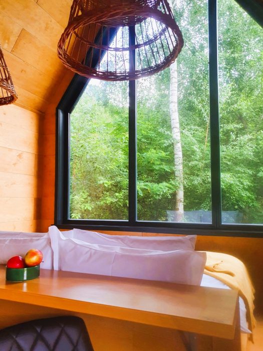 Bett mit Blick durch Fenster in den Wald