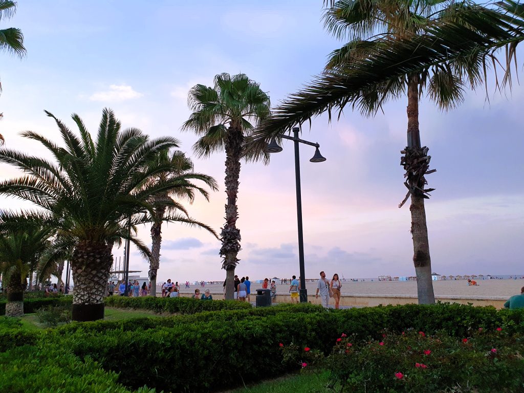 Menschen flanieren auf einer mediterranen Promenade mit Palmen - Strandurlaub Valencia