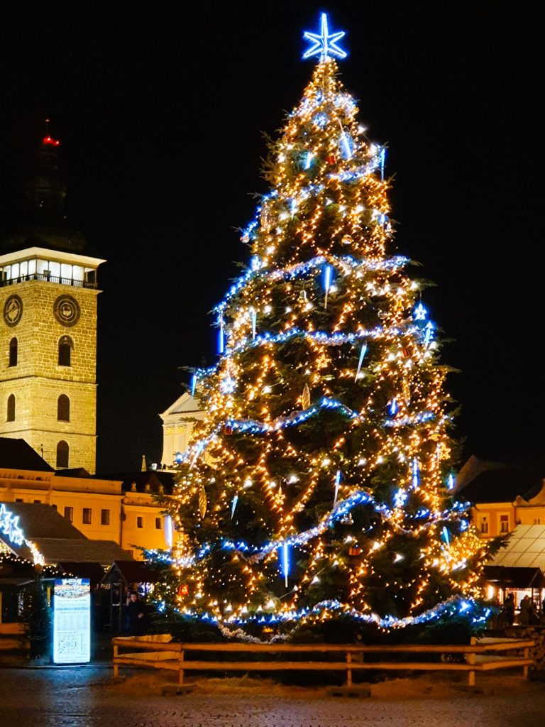 hoher beleuchteter Weihnachtsbaum auf einem Weihnachtsmarkt, Budweiser Adventmarkt